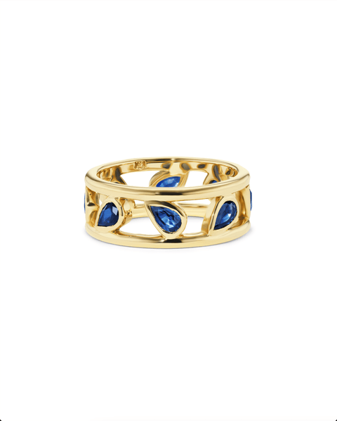 blue sapphire band in 14k gold open framework