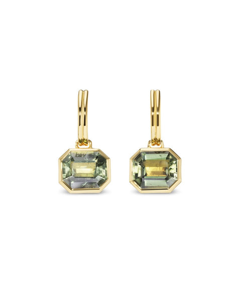 tourmaline drop earrings in 14k gold with emerald cut stones