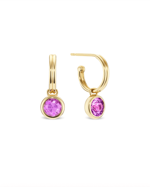 gold hoop earrings with pink sapphire drops