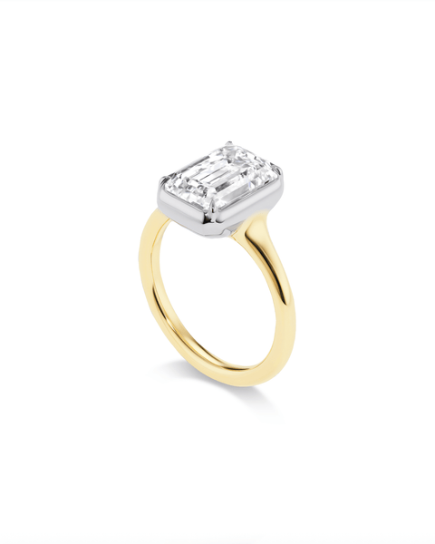 Two-tone engagement ring setting with platinum prongs and gold band side view