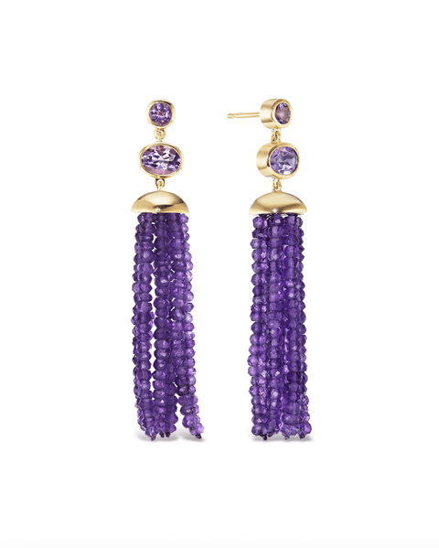 purple gemstone tassel earrings with gold setting