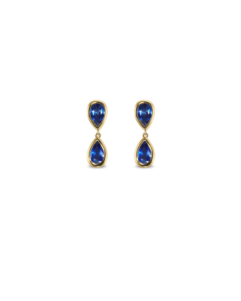 Pear sapphire drop earrings in solid 14K yellow gold with bezel-set natural sapphires