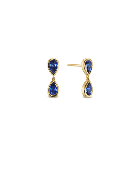Side view of articulated pear sapphire drop earrings in solid 14K yellow gold
