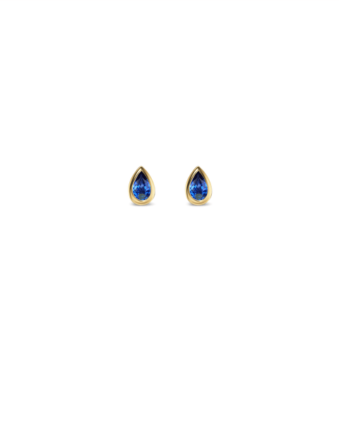 Pear sapphire stud earrings in solid 14K yellow gold bezel settings