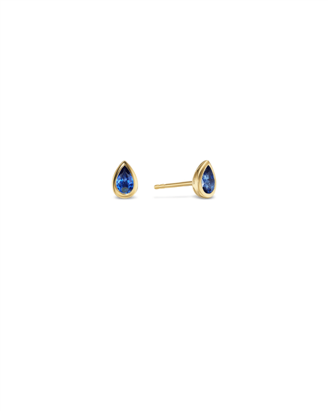 Side profile of pear sapphire stud earrings with bezel-set natural sapphires in 14K yellow gold